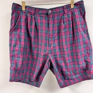 Vintage Men's Bert Pulitzer red green plaid seersucker pleat front shorts 34-36